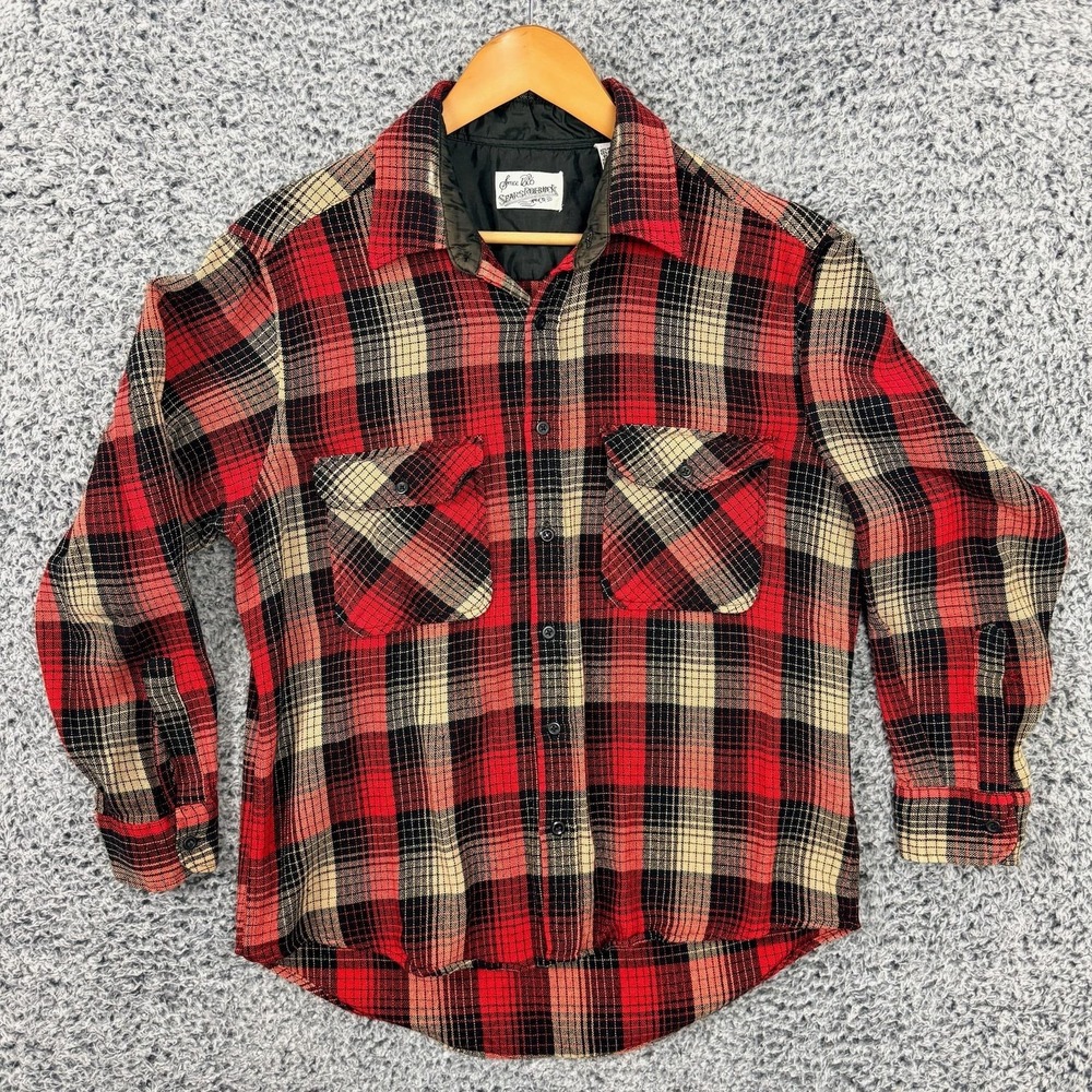 Vintage Sears Roebuck Shirt Mens Large Red Plaid Wool Blend Flannel Button Up L